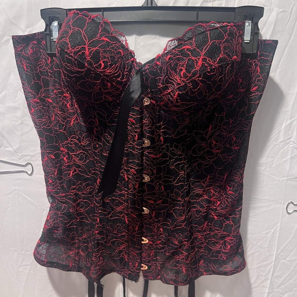Savage X Fenty Red Black Floral Lace Corset Bustier Garter Lingerie Sz Med NWT